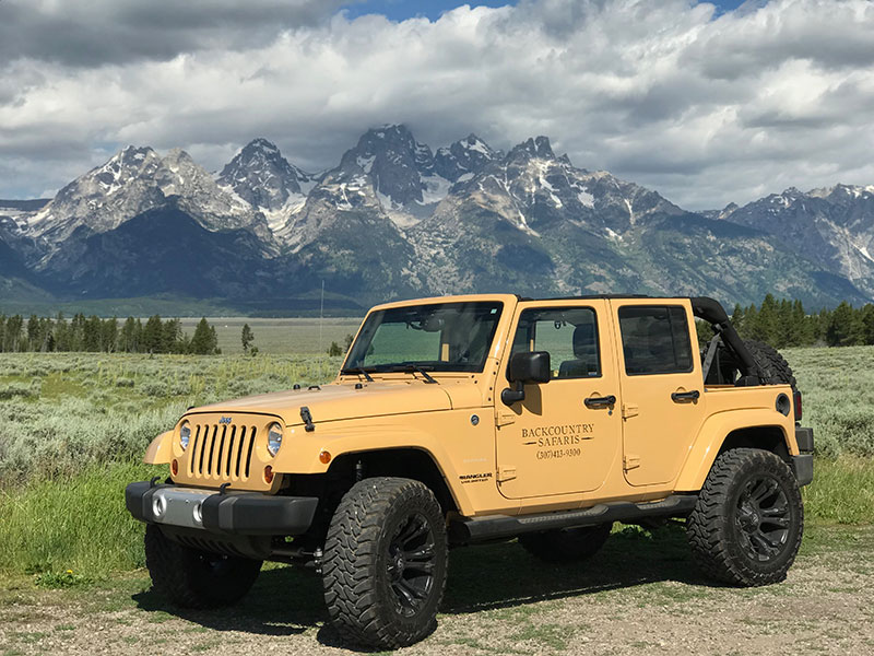 Jeep in Front of Tetons for Jackson Hole Jeep Tour - Backcountry Safaris