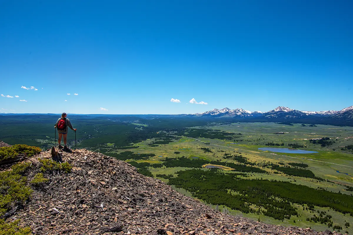 Man with Hiking Poles Views Valley from Mountain Peak on Guided Yellowstone Hike - Backcountry Safaris