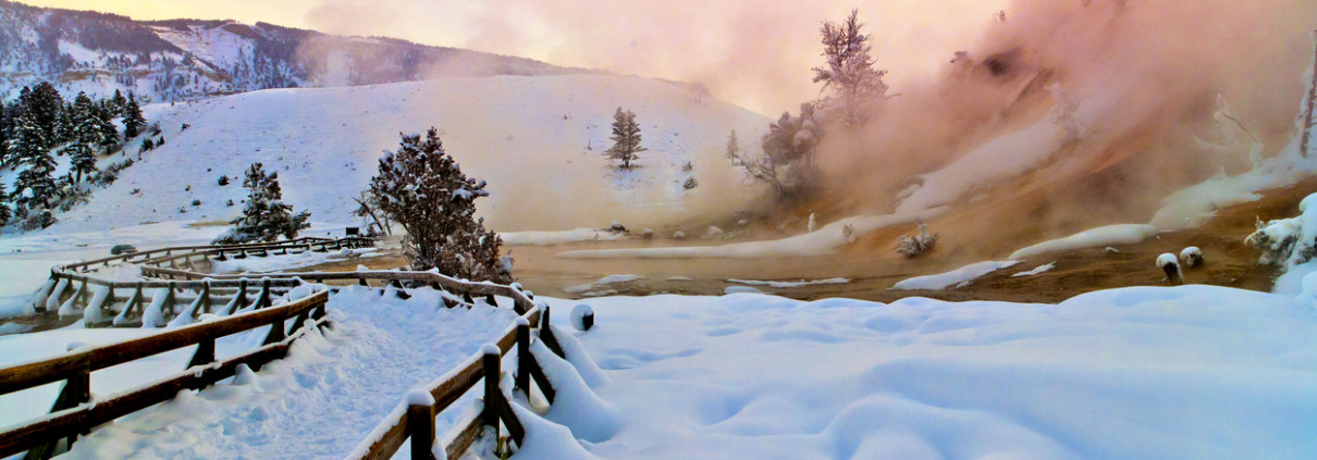 Yellowstone Mammoth geyser in winter